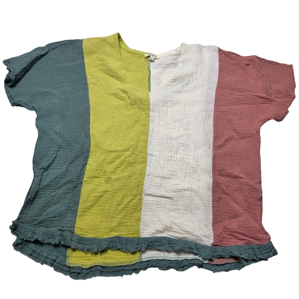 Umgee USA Women S Colorblock Cotton Gauze V-Neck Top Frayed Ruffle Hem A6850